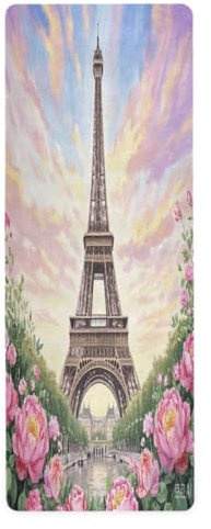 Rosafarbene Blumen, romantischer Eiffelturm, rutschfester Teppich für Bodentrainings, bedruckt, rutschfest, Yoga-Handtuch, mit Tasche zum Tragen, Tapete para ejercicio 180,3 x 66 cm