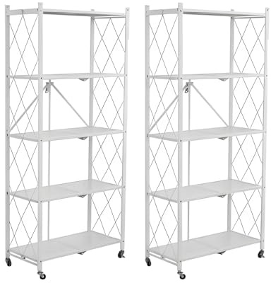 SEVEN COMFORT Fällbar hylla 2-pack, vikbar hylla, 5-våningshylla, metallhylla med hjul – 100 kg, för kök, badrum, vardagsrum (vit)