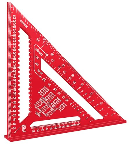 Équerre Menuisier 30cm en Aluminium, Équerre de Charpentier Triangulaire 45° 90°, Règle de Mesure Métallique Multifonction pour Menuiserie (Rouge)