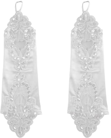 DUZEPA 1 Paar lange fingerlose Handschuhe für Blumenmädchen aus Satin und Spitze mit Pailletten und Perlen, Prinzessinnen-Kostüm für Hochzeit, Kommunion, Brautjungfern, Weiß