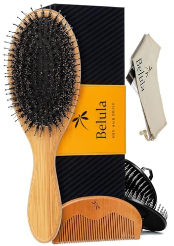 Belula Men's Hair Grooming Set: Boar Bristle Brush, Nylon Pin Brush, Wooden Comb, and Travel Bag for Styling