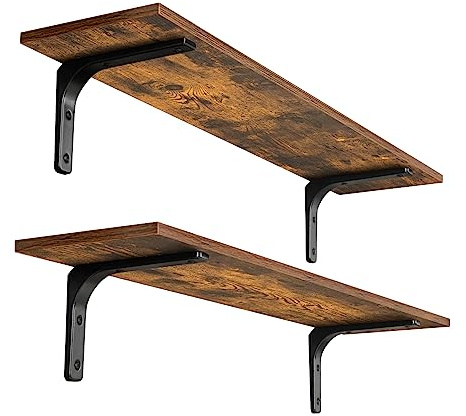DINZI LVJ Long Wall Shelves, 31.5 Inch Wall Mounted Shelves Set of 2, Easy-to-Install, Wall Storage Ledges with Sturdy Metal Brackets for Living Room, Bathroom, Bedroom, Kitchen, Rustic Brown