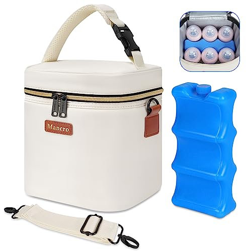 Mancro Breastmilk Cooler Bag with Ice Pack, Fits 6 Insulated Baby Bottles Up to 9 Ounce, Breast Milk Cooler for Nursing Mom (Cream)