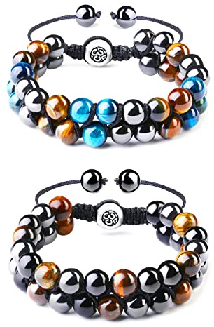 YADOCA 2Pcs Pulsera Hombre Pulseras de Cuentas de 8mm Ojo de Tigre Azul Obsidiana Hematites Cuentas de Piedra Natural Pulseras de Triple Protección para Hombres y Mujeres
