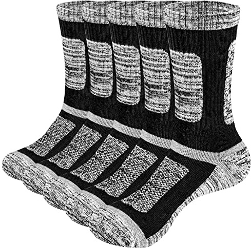 YUEDGE Moisture Wicking Cushioned Mens Socks Padded Winter Work Boot Socks Thick Thermal Sports Sock For Men 6-10, Multipack, 5 Pairs Black