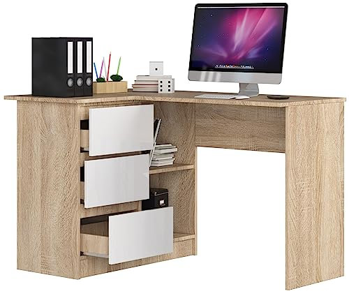BDW Eckschreibtisch mit 3 Schubladen und 2 Regalen - Oberfläche Glanz - Schreibtisch für Jugendzimmer Büros und Ateliers - Gaming Tisch - 124x85x77 cm - Eiche Sonoma/Weiß Links