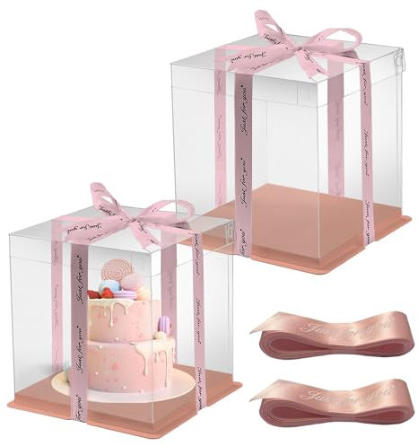 HYRYC Cake Boxes Tortenbox Durchsichtige Geschenkbox 30 * 30 * 25cm Tortenschachtel Transportbox Torte Geschenkbox Durchsichtig Wiederverwendbar mit Sockel und Band für Geburtstag Dessert 2Stk (Rosa)