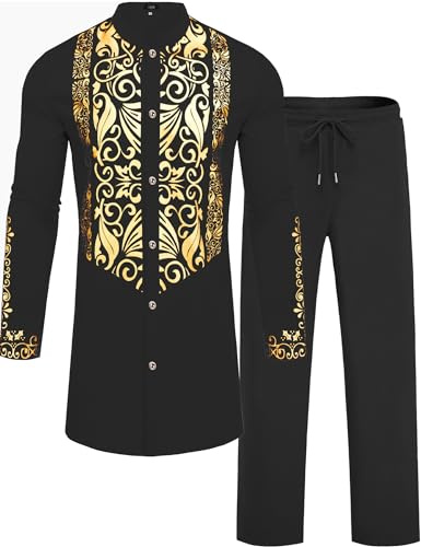 ZSJR Mens African 2 Piece Set Traditional Suit Dashiki Button Down Shirt and Pants Outfit