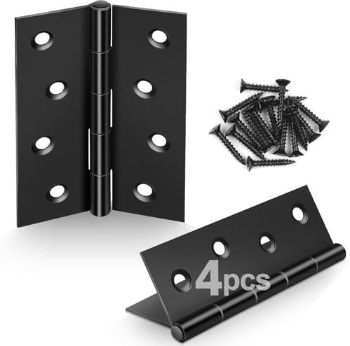 JatilEr 4 bisagras de puerta de 100 mm x 70 mm, bisagras negras para madera de acero inoxidable, bisagras de tope para interiores y exteriores con 32 tornillos para puerta de luz, ventanas, armarios,