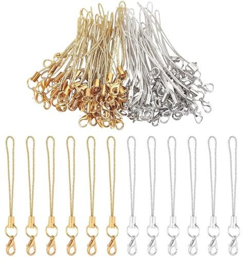 NIANOPKM 50 Einfache Handy Lanyard Strap für Schlüssel Schlüsselanhänger,Handyanhänger Schlaufen mit Karabiner,Telefonring Strap Handy Charm Cord zum Pendents USB Schüsselanhänger（Gold + Silber）