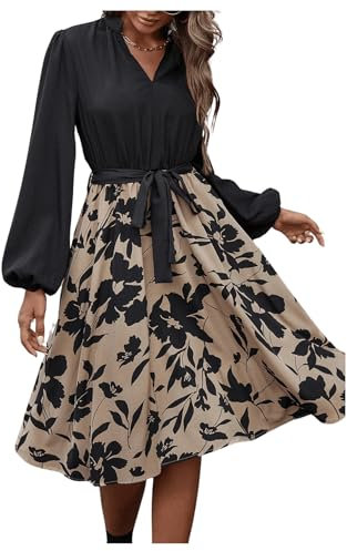 SweatyRocks Damen Blusenkleid Langarm Kleid Mit Gürtel Elegant Kleid Mit Blumen Midi Kleid Herbst A Linien Kleid Khaki L