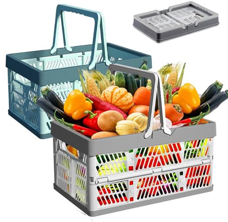 2 Pcs Plastic Folding Storage Crates, Large Foldable Storage Basket, Collapsible Crate with Handles Plastic Stackable Storage Boxes for Bedroom, Office, Home, Kitchen, Bathroom (30×20×16 cm)