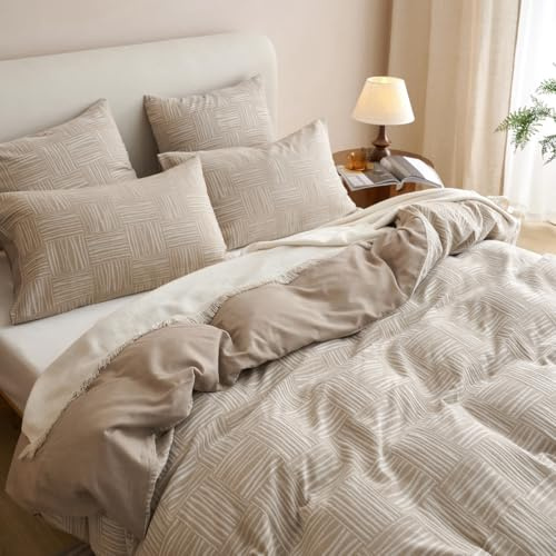 Lanqinglv Ropa de cama doble de muselina de 135 x 200 cm, algodón 100%, certificado Öko-Tex, color gris topo y blanco, diseño geométrico vintage, funda nórdica con cremallera y 1 funda de almohada de