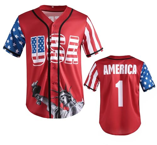American Flag Shirt USA Baseball Jersey for Men 4th of July USA Shirt Men Short Sleeve Button Jersey (Red, XL)