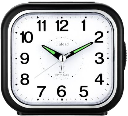 4.5 Zoll Analoger Funk-Wecker, Batteriebetriebenes Quarzwecker, mit Nachtlicht Schlummerfunktion, Schlafzimmer Büro, Einfach zu bedienen, Schwarz