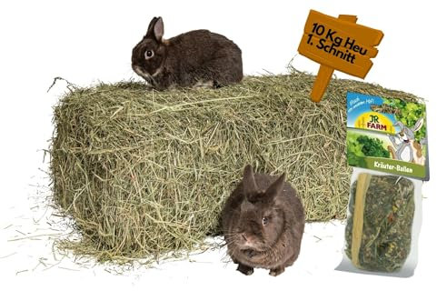agrar-store 10Kg Heu + 1x JR Farm Kräuter-Ballen | Wiesenheu 1.Schnitt | Heuballen Kaninchenheu Meerschweinchenheu frisch & unbehandelt, Ernte 2025