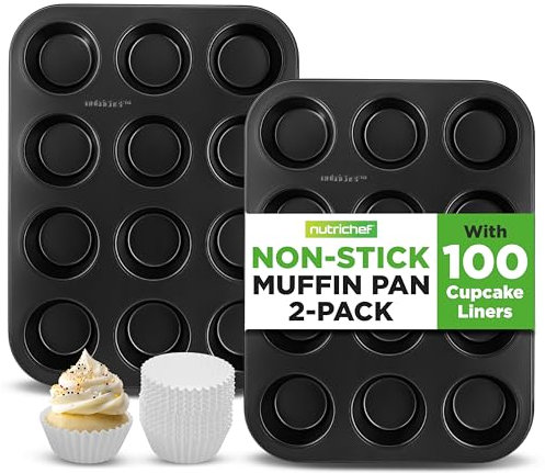 NutriChef 2er Set- Muffin Backform für 24 Muffins, Muffinblech Antihaft aus Karbonstahl inkl. 100 Muffinförmchen aus Papier, 35 x 26cm. für Cupcakes, Brownies, Basic Baking