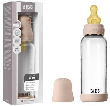 BIBS Boheme Baby Glass Bottle 8 oz /240 ml. Anti-Colic. Round Natural Rubber Latex Nipple. Supports Natural Breastfeeding - Blush