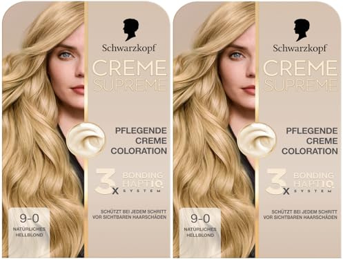 Schwarzkopf Creme Supreme Coloration 9-0 Natürliches Hellblond (2x 182 ml), dauerhafte Haarfarbe mit Serum und Haar-Maske schützt vor sichtbaren Haarschäden, für 100% Grauabdeckung