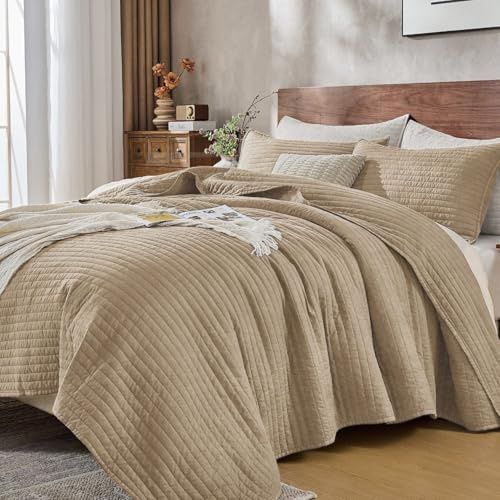 DOWN HOME Queen Quilt Bedding Set with Shams, Vintage Washed Soft Quilted Blanket Thin Comforter Lightweight Bedspread Coverlet Bed Cover, Brushed Microfiber Stripe Stitching, Brown, 86x90