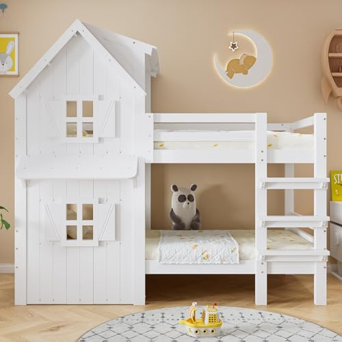 Oslghy Cama Infantil 90x200 cm, Cama Alta con Ventanas y Techo, Litera Doble Matrimonio con Escalera, Cama Altillo para 2 Niños con Protección Anticaída y Somier de Láminas, Blanca, Sin Colchón