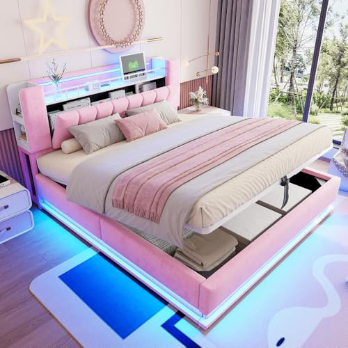 Letto imbottito 180x200cm con illuminazione LED e porte USB,Letto matrimoniale con spazio di archiviazione idraulico,Letti con testiera con vano,struttura in metallo,velluto,senza materasso(Rosa)
