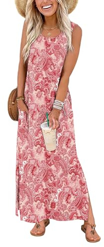 WIHOLL Womens Summer Maxi Dress Casual Ladies Dresses Elegant Sleeveless Maxi Dresses for Women UK with Split and Pockets