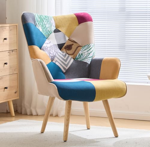 XH.Easy Go Sillón de Acento Patchwork, Sillón Tapizado de Tela de Lino con Respaldo Alto y Patas de Madera, Silla Individual para Salón, Dormitorio y Sala de Espera ，Multicolor