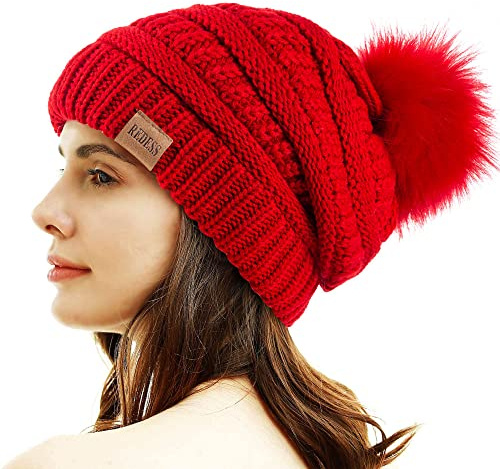 REDESS Gorro de Invierno con pompón para Mujer, cálido Forro Polar, Grueso, Holgado, Tejido de Nieve, Grueso, Holgado, Gorra de esquí con Calavera