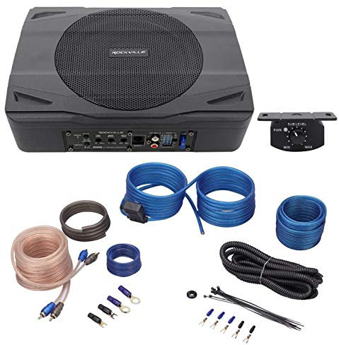 Rockville SS8P Bundle: 400-Watt 8 in Slim Under-Seat Active Powered Car/Truck Subwoofer, RWK10 10 Gauge Amp Installation Kit with ANL Fuse Holder and 100% Copper RCA Cable, 2-Items