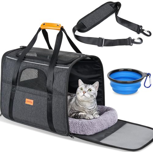 Morpilot Pet Carrier Bag, Portable Cat Carrier Bag Top Opening, Removable Mat and Breathable Mesh, Foldable Cat Carrier Transport Bag for Dogs and Cats, with Shoulder Strap and Pet Bowl, Black