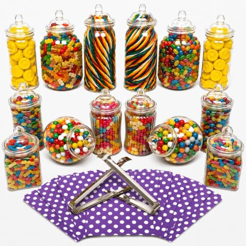 14 Plastic Sweet Jars, 7 Styles, 2 Tongs and 50 Bags. Ideal for Party, Wedding, Sweet Table, Candy Buffet (Purple Polka Dot Bags)