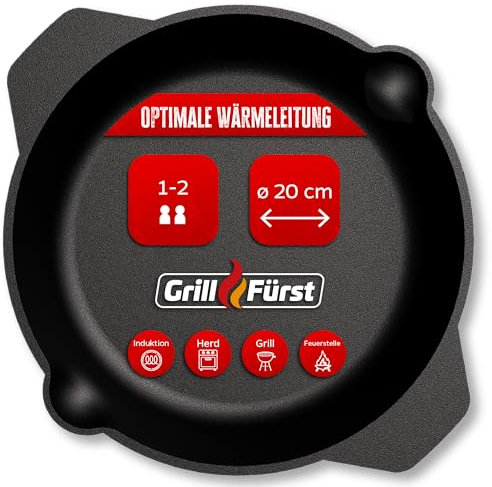 Grillfürst Gusseisenpfanne Grill mit Zwei Henkel-Griffen Ø 20 cm - Massive Gusspfanne mit hohem Rand, extrem hitzebeständige Gusseisen Pfanne für Gasgrill, Herd und Feuer