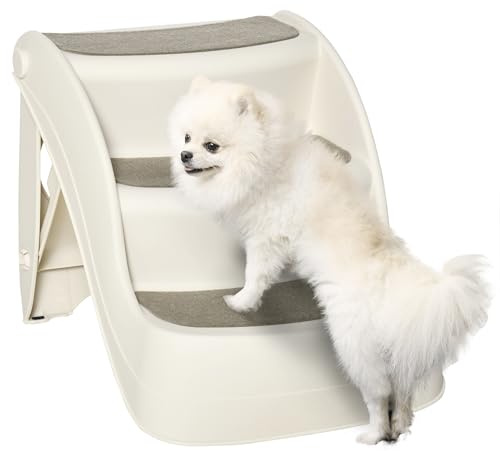 PawHut Foldable Pet Stairs 3 Steps with Non-slip Mats for Small Dogs, Cream
