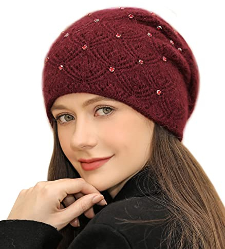 Adigaber Knit Beanie Hat for Ladies Long Skull Cap for Winter Slouchy Beanie with Double Wool Thermal Lining and Drills Claret