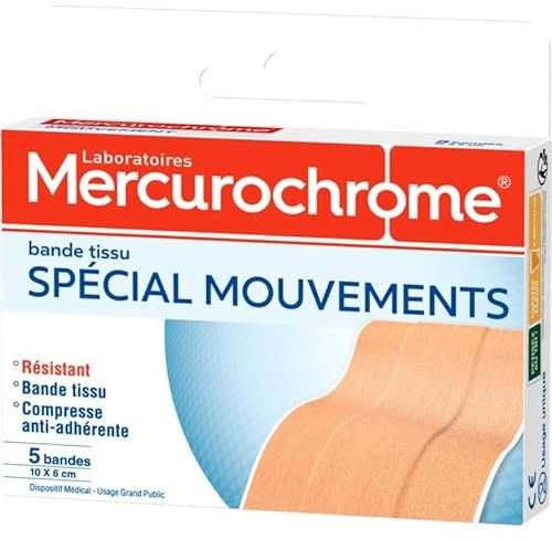 BANDES TISSU SPÉCIAL MOUVEMENTS TAILLE (10X6CM) 5 BANDES, MERCUROCHROME, LOT DE 3
