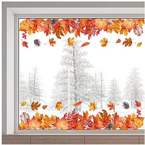 GORGECRAFT Large Size Fall Leaves Window Clings Transparent Stained Thanksgiving Maple Stickers Autumn Pine Cone Static Non Adhesive Double-Sided Decals Reusable Glass Door Covering Film Party Decor