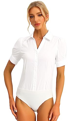 Allegra K Women's Office Blouse Button Down One-Piece Short Sleeve Bodysuit Work Shirt White S