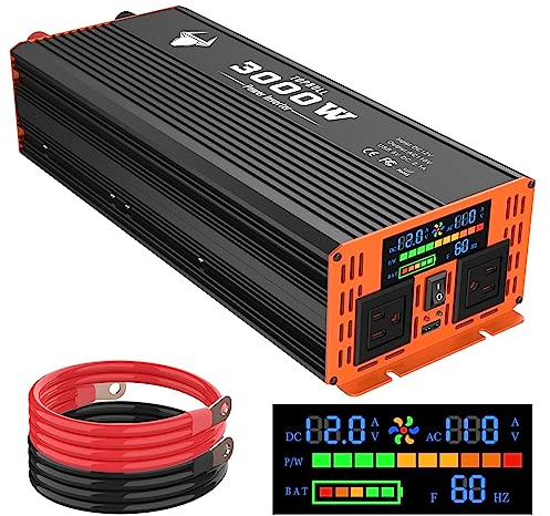 3000 Watt Power Inverter, Car/Home 12V DC to 110V AC Converter, with LED Display, Dual AC Outlets, USB Port, Dual Smart Fans, Cables Included, Suitable for Home, RV