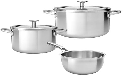 KitchenAid Multi-Ply Stainless Steel 7-teiliges Edelstahl-Kochgeschirrset, Enthält Kasserollen, Chef's Pan und Handtuch-Set, Induktion, Backofen, Metall Utensilien sicher, Spülmaschinenfest, Silber