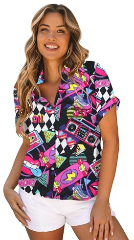 tiorhooe 80s 90s Hawaiian Shirt for Women Summer Retro Short Sleeve Shirts | Tropical Disco Top, Soft Cotton, Breathable, Button-Down, V-Neck, Beach Casual, Party Versatile, Easy Care, Machine Washable