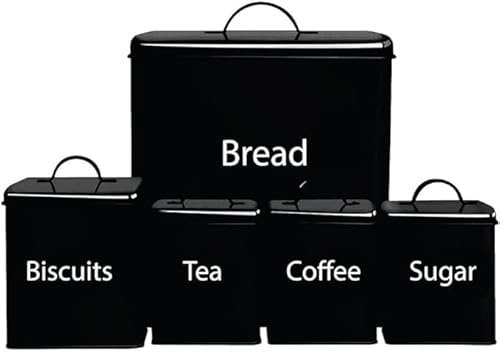 Crystals Black Bread Bin - Black Tea Coffee Sugar Canisters Set – 5 Piece Kitchen Bread Box with Biscuit Tea Sugar and Coffee Containers set – Rectangular Shape Bread Storage jars & Canisters