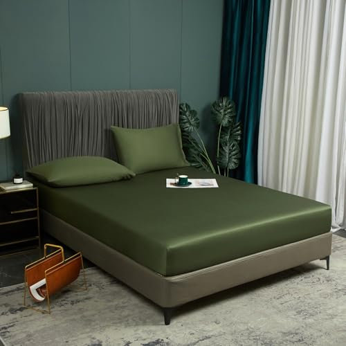 Bambus Spannbetttuch 160x200cm Grün Olivgrün Spannbettlaken 100% Bambus Bettlaken Betttuch Weich kühlend Atmungsaktiv Spannbetttuch 160 x 200 für Hohe Matratze bis 25-30 cm
