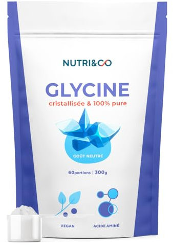 NUTRI & CO Glycine Cristallisée 100% Pure Sans Additifs & Vegan - Acide Aminé composant du Collagène - Aide au Sommeil, Articulations & Peau - 300g en poudre 60jrs - Conditionné en France