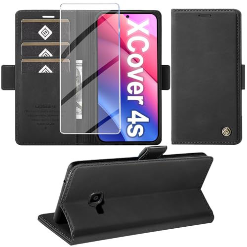 Giyer Handyhülle für Samsung Galaxy Xcover 4S Hülle mit Displayschutzfolie, Schutzhülle PU Leder Wallet Flip Case Ständer Kartenfach Klapphülle für Samsung Xcover 4S/4 Tache (Schwarz)