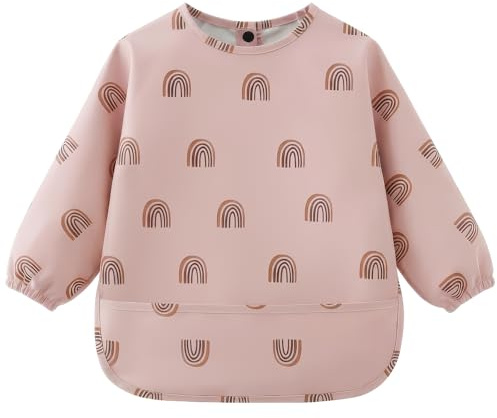 AOOTE Bavoir Manche Longues, Imperméable Bib Bébé en PU pour Bébés Infants, Bavette de Sevrage avec Manches Longues, Bavoir à Manches Bébé avec Poches, Facile à Nettoyer et Lavable en Machine