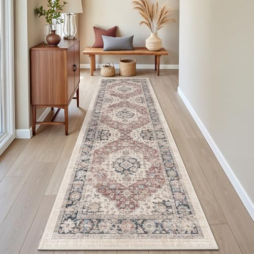 DEXI Läufer Flur Teppich 60 x 210 cm, Küchenläufer Lange waschbar rutschfest, Schmutz & Wasser Aufnehmen Dünne Vintage Teppichläufer für Hauseingänge, Küche, Waschküche, Beige