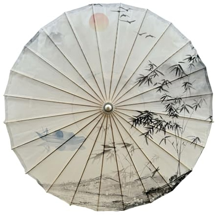 Odot Ink Landscape Pattern Wooden Handle Rainproof Paper Parasol Umbrella, 24 Ribs Chinese Oil Paper, for Costumes Wedding Dancing Props Photography Personal Sun Umbrella
