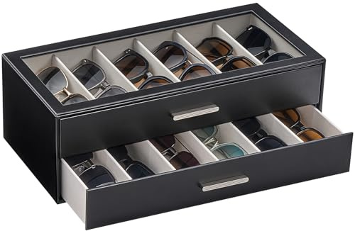 Lolalet Boîte à Lunettes 2 Niveaux, Rangement de 12 Paires de Lunettes de Soleil avec Couvercle Transparent et Tiroirs, Grande Capacité pour Lunettes et Accessoires
