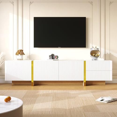 BTM TV Cabinet with 3 Doors and 2 Drawers, White TV Stand with Golden Trim Strip and Wood Grain Base, 190x35x45cm